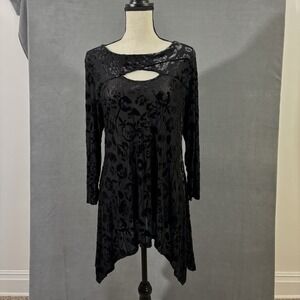 Gnu Velvet Burnout Tunic Womens L Black Floral Whimsygoth Dark Romantic Cutout